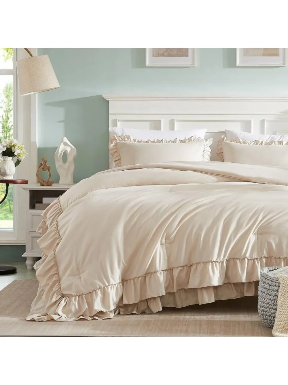 Cozy Pink Ruffle King Comforter Set | Shabby Chic Boho Bedding | 3PCS All-Season